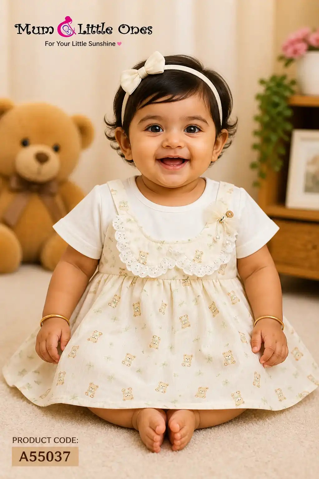 Baby Girl Cream Bear Print Dress A55037