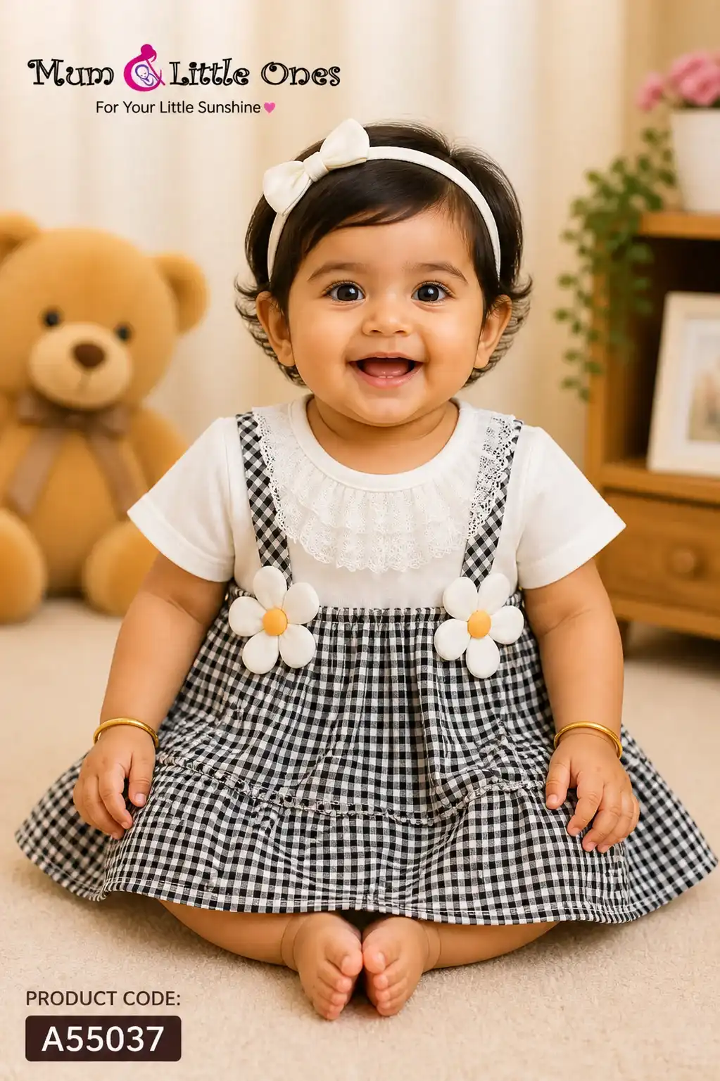 Baby Girl Black & White Check Dress A55037